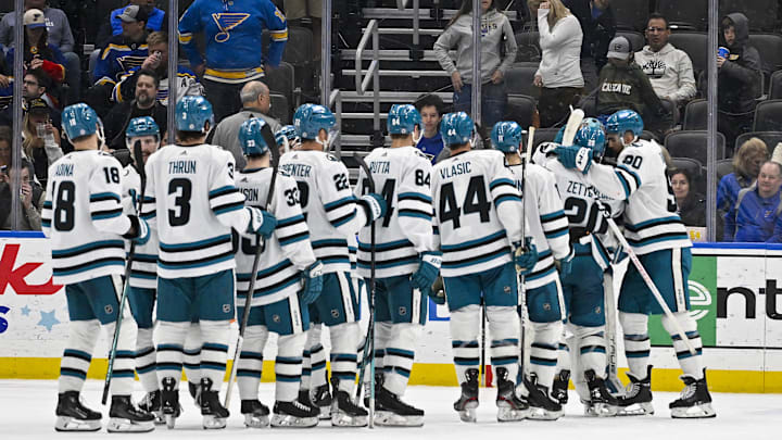 Mar 30, 2024; St. Louis, Missouri, USA;  San Jose Sharks celebrate after defeating the St. Louis