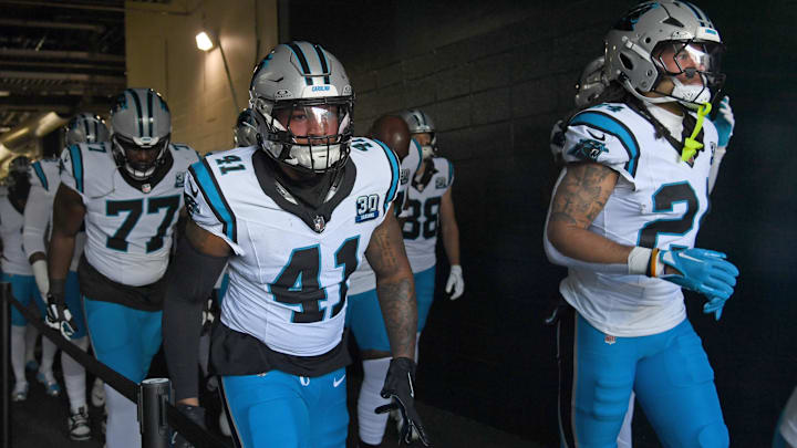 Dec 8, 2024; Philadelphia, Pennsylvania, USA; Carolina Panthers linebacker Jacoby Windmon (41) in the tunnel against the Philadelphia Eagles  at Lincoln Financial Field. Mandatory Credit: Eric Hartline-Imagn Images