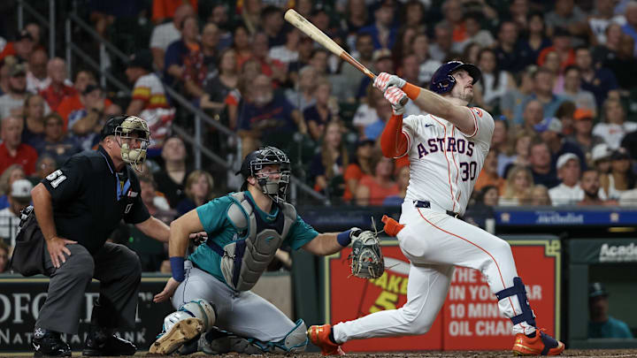 Sep 24, 2024; Houston, Texas, USA;  Houston Astros right fielder Kyle Tucker (30) hits a home run against the Seattle Mariners in the fourth inning at Minute Maid Park. 