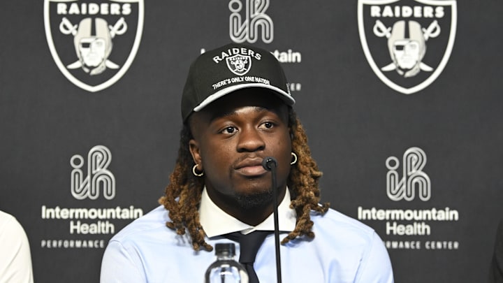 Apr 25, 2025; Henderson, NV, USA; Las Vegas Raiders first round draft pick in the 2025 NFL Draft Ashton Jeanty, speaks to the media at Intermountain Health Performance Center. Mandatory Credit: Candice Ward-Imagn Images
