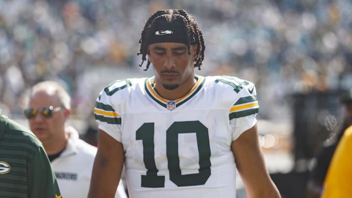 Oct 27, 2024; Jacksonville, Florida, USA; Green Bay Packers quarterback Jordan Love (10) walks into the locker room for half time against the Jacksonville Jaguars at EverBank Stadium. Mandatory Credit: Morgan Tencza-Imagn Images