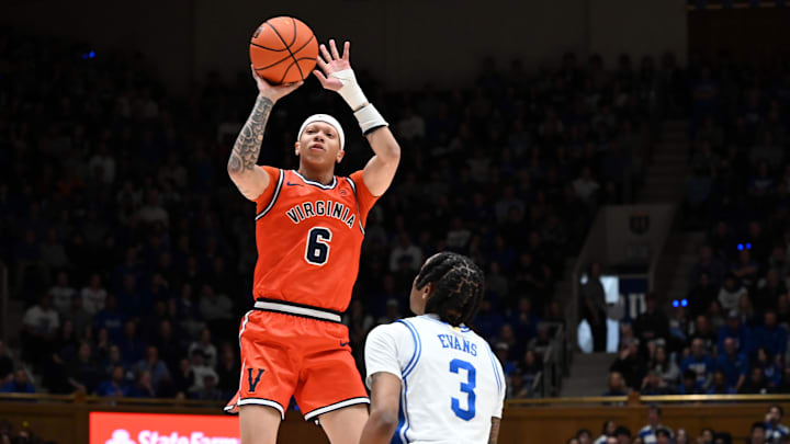 Virginia Cavaliers guard Jacari White and Duke Blue Devils forward Isaiah Evans