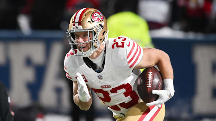 Dec 1, 2024; Orchard Park, New York, USA; San Francisco 49ers running back Christian McCaffrey (23) warms up before a game against the Buffalo Bills at Highmark Stadium. Mandatory Credit: Mark Konezny-Imagn Images