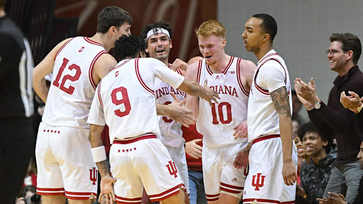 The Indiana Hoosiers celebrate against USC at Simon Skjodt Assembly Hall. 