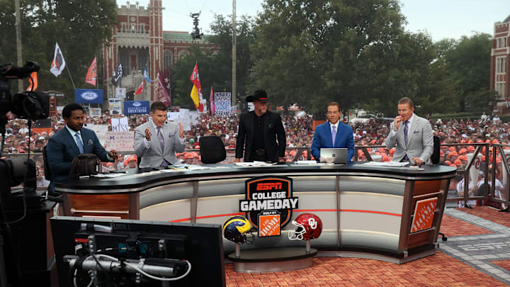 Hosts take their seats for ESPN College GameDay ahead of the University of Oklahoma-Michigan College football game on Sep 6, 2025 in Norman. Hosts take their seats for ESPN College GameDay ahead of the University of Oklahoma-Michigan College football game on Sep 6, 2025 in Norman.