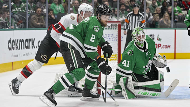 Dec 15, 2023; Dallas, Texas, USA; Ottawa Senators left wing Brady Tkachuk (7) and Dallas Stars
