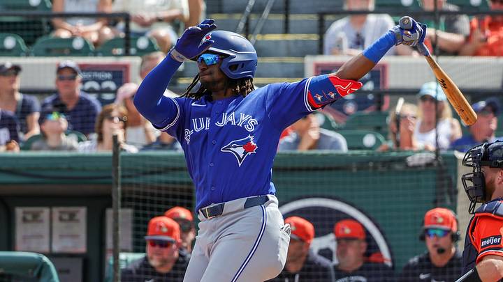 Mar 1, 2026; Lakeland, Florida, USA; Toronto Blue Jays third baseman Charles McAdoo (26) hits during the third inning against the Detroit Tigers at Publix Field at Joker Marchant Stadium. Mandatory Credit: Mike Watters-Imagn Images