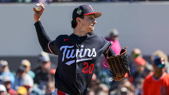 Feb 23, 2026; Lakeland, Florida, USA; Minnesota Twins pitcher Mick Abel (20) pitches during the third inning against the Detroit Tigers at Publix Field at Joker Marchant Stadium. Feb 23, 2026; Lakeland, Florida, USA; Minnesota Twins pitcher Mick Abel (20) pitches during the third inning against the Detroit Tigers at Publix Field at Joker Marchant Stadium.