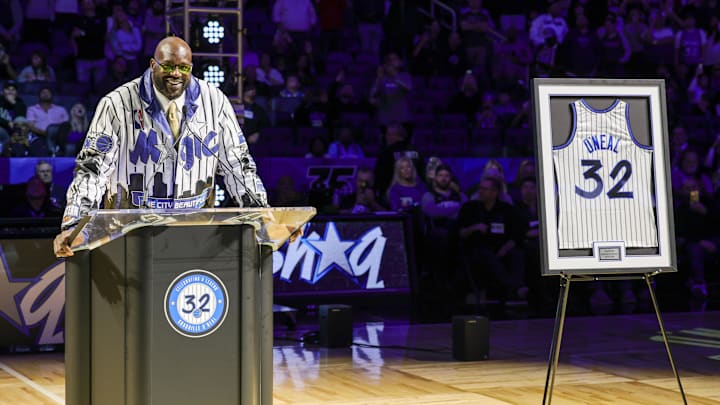 Feb 13, 2024; Orlando, Florida, USA;  Shaquille O'Neal during a post game ceremony where the Orlando Magic retired his #32 jersey at Amway Center. Mandatory Credit: Mike Watters-Imagn Images