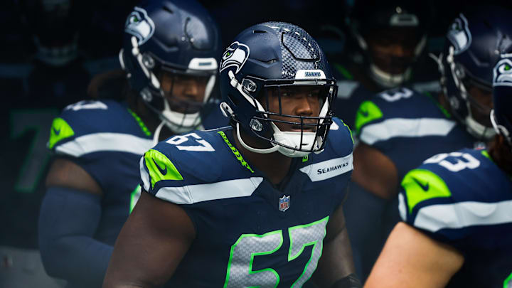 Nov 12, 2023; Seattle, Washington, USA; Seattle Seahawks offensive tackle Charles Cross (67) exits the locker room before a game against the Washington Commanders at Lumen Field.
