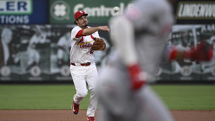 Sep 15, 2025; St. Louis, Missouri, USA; St. Louis Cardinals third baseman Nolan Arenado (28) throws out Cincinnati Reds designated hitter Miguel Andujar (38) in the first inning at Busch Stadium. Mandatory Credit: Joe Puetz-Imagn Images