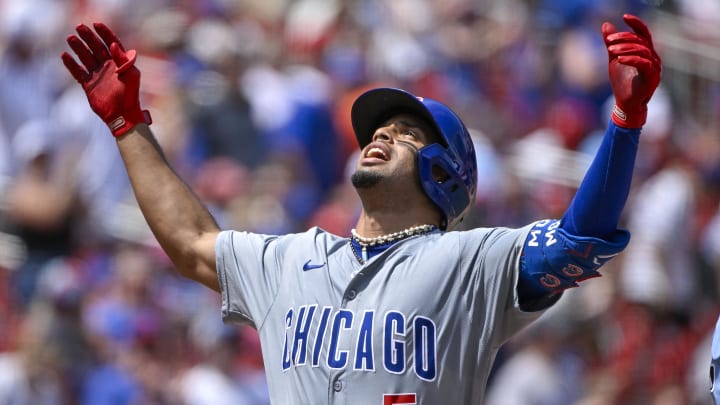 Jul 14, 2024; St. Louis, Missouri, USA;  Chicago Cubs designated hitter Christopher Morel (5) reacts after hitting a solo home run against the St. Louis Cardinals during the sixth inning at Busch Stadium