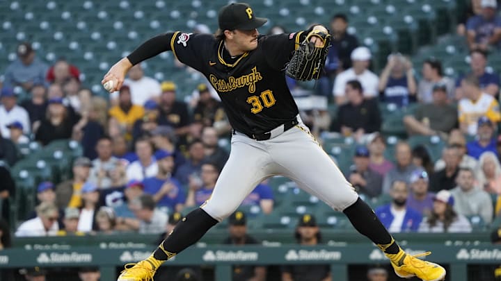 Sep 3, 2024; Chicago, Illinois, USA; Pittsburgh Pirates pitcher Paul Skenes (30) throws the ball against the Chicago Cubs during the first inning at Wrigley Field. Mandatory Credit: David Banks-Imagn Images