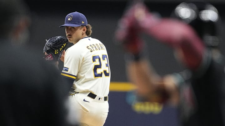 Apr 29, 2026; Milwaukee, Wisconsin, USA; Milwaukee Brewers pitcher Brandon Sproat (23) delivers a pitch against the Arizona Diamondbacks in the first inning at American Family Field. Mandatory Credit: Michael McLoone-Imagn Images