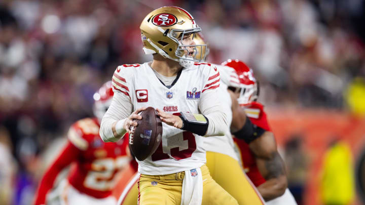 Feb 11, 2024; Paradise, Nevada, USA; San Francisco 49ers quarterback Brock Purdy (13) throws a pass against the Kansas City Chiefs in the second half in Super Bowl LVIII at Allegiant Stadium. Mandatory Credit: Mark J. Rebilas-USA TODAY Sports Feb 11, 2024; Paradise, Nevada, USA; San Francisco 49ers quarterback Brock Purdy (13) throws a pass against the Kansas City Chiefs in the second half in Super Bowl LVIII at Allegiant Stadium. Mandatory Credit: Mark J. Rebilas-USA TODAY Sports