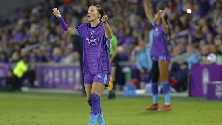 Mar 7, 2025; Orlando, Florida, US;  Orlando Pride defender Haley McCutcheon (2) calls for a card during the second half against the Washington Spirit at Inter&Co Stadium. Mandatory Credit: Russell Lansford-Imagn Images
