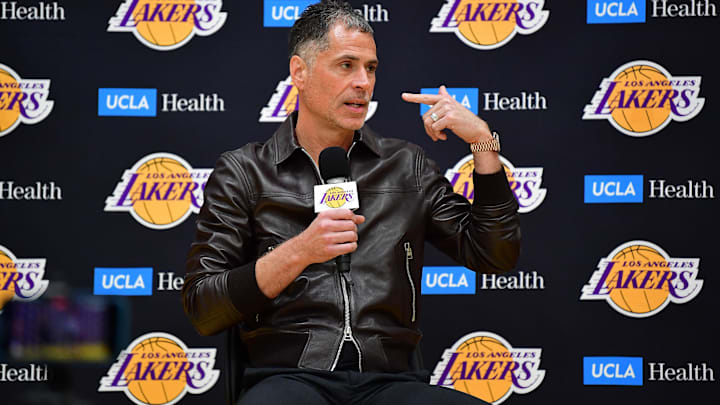 Los Angeles Lakers vice president of basketball operations and general manager Rob Pelinka introduced guard Luka Doncic at UCLA Health Training Center.