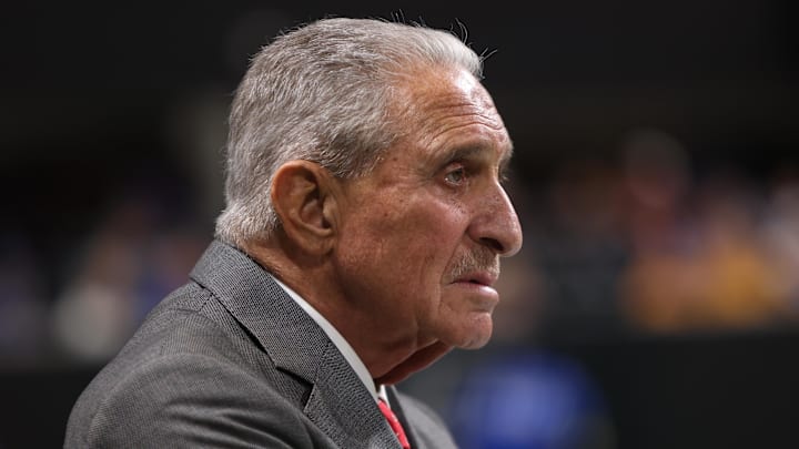 Oct 13, 2025; Atlanta, Georgia, USA; Atlanta Falcons owner Arthur Blank stands on the sidelines of the game against the Buffalo Bills during the second half of a game at Mercedes-Benz Stadium.