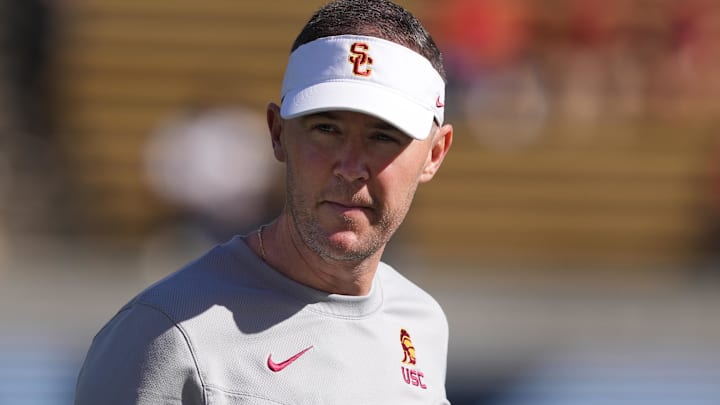 Oct 28, 2023; Berkeley, California, USA; USC Trojans head coach Lincoln Riley walks on the field before a game against the California Golden Bears at California Memorial Stadium. Oct 28, 2023; Berkeley, California, USA; USC Trojans head coach Lincoln Riley walks on the field before a game against the California Golden Bears at California Memorial Stadium.