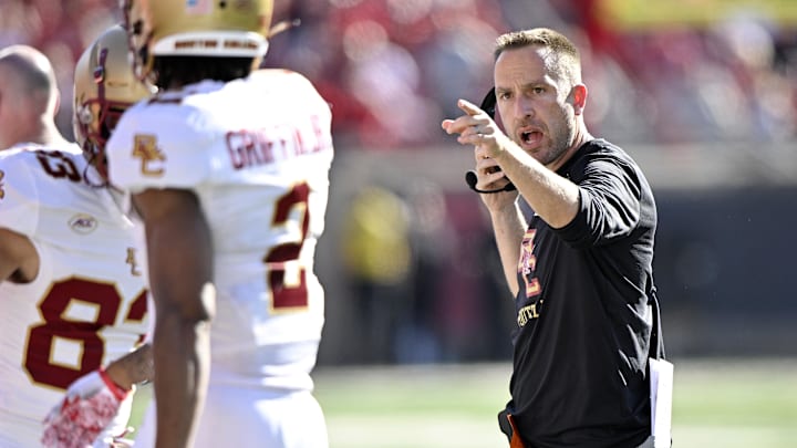 Sep 23, 2023; Louisville, Kentucky, USA;  Boston College Eagles head coach Jeff Hafley yells instructions to his players during the first half against the Louisville Cardinals at L&N Federal Credit Union Stadium. Mandatory Credit: Jamie Rhodes-Imagn Images
