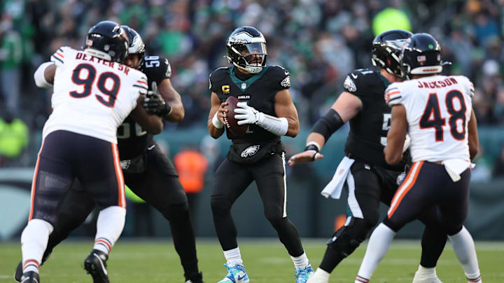 Nov 28, 2025; Philadelphia, Pennsylvania, USA; Philadelphia Eagles quarterback Jalen Hurts (1) looks to pass the ball against the Chicago Bears during the second quarter of the game at Lincoln Financial Field. Mandatory Credit: Bill Streicher-Imagn Images
