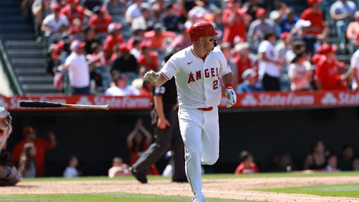 Apr 24, 2024; Anaheim, California, USA;  Los Angeles Angels designated hitter Mike Trout (27) hits a home run during the sixth inning against the Baltimore Orioles at Angel Stadium. 