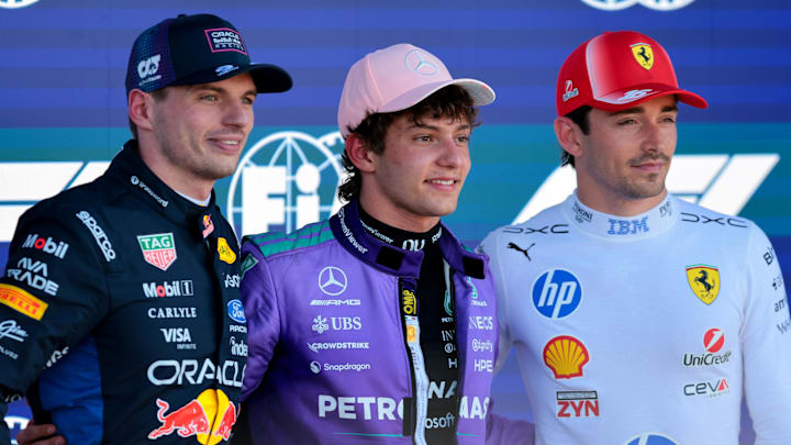 Kimi Antonelli (center) qualified for Sunday’s Grand Prix in pole position, but the rest of the field has caught up during a five-week break.