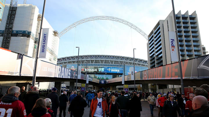 The Wembley Stadium arch is seen in the background as fans file into the outer concourse ahead of a Week 8 NFL game between the Cincinnati Bengals and the Los Angeles Rams, Sunday, Oct. 27, 2019, at Wembley Stadium in London, England.

Wembley Stadium Oct 26