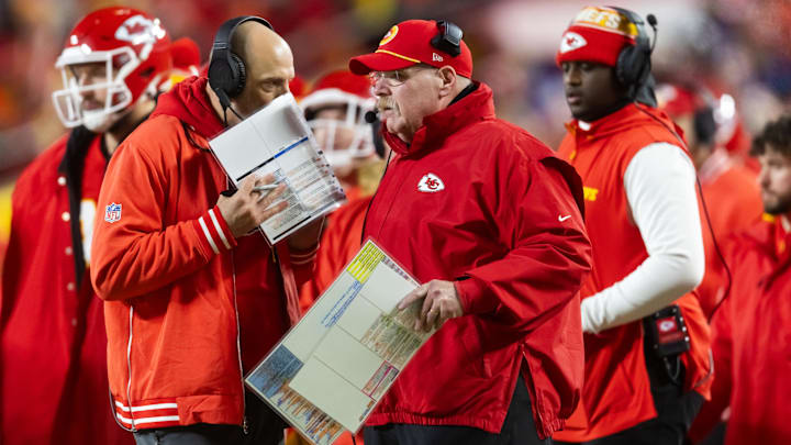 Jan 26, 2025; Kansas City, MO, USA; Kansas City Chiefs offensive coordinator Matt Nagy (left) and head coach Andy Reid against the Buffalo Bills during the AFC Championship game at GEHA Field at Arrowhead Stadium. Mandatory Credit: Mark J. Rebilas-Imagn Images