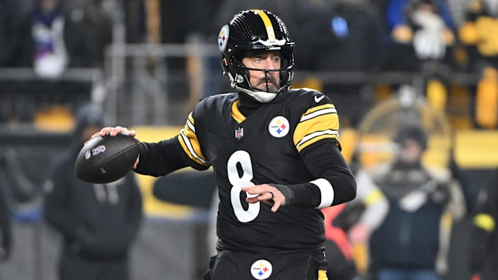 Jan 4, 2026; Pittsburgh, Pennsylvania, USA; Pittsburgh Steelers quarterback Aaron Rodgers (8) drops back to pass against the Baltimore Ravens during the first half at Acrisure Stadium. Mandatory Credit: Barry Reeger-Imagn Images