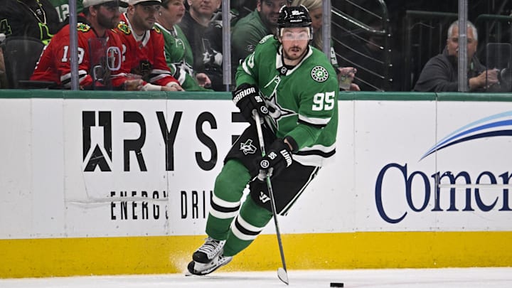 Oct 26, 2024; Dallas, Texas, USA; Dallas Stars center Matt Duchene (95) in action during the game between the Dallas Stars and the Chicago Blackhawks at American Airlines Center. Mandatory Credit: Jerome Miron-Imagn Images Oct 26, 2024; Dallas, Texas, USA; Dallas Stars center Matt Duchene (95) in action during the game between the Dallas Stars and the Chicago Blackhawks at American Airlines Center. Mandatory Credit: Jerome Miron-Imagn Images