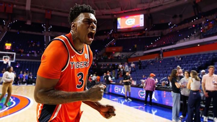 Auburn Tigers forward Keshawn Murphy (3) celebrates after a game against the Florida Gators at Exactech Arena at the Stephen C. O'Connell Center. Auburn Tigers forward Keshawn Murphy (3) celebrates after a game against the Florida Gators at Exactech Arena at the Stephen C. O'Connell Center.