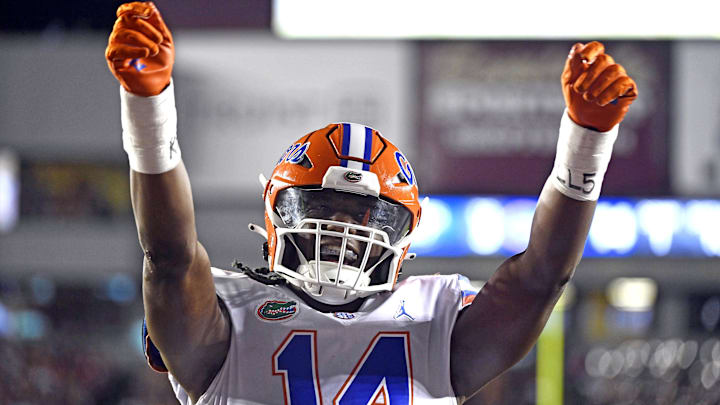 Nov 25, 2022; Tallahassee, Florida, USA; Florida Gators linebacker Chief Borders (14) celebrates during the first half against the Florida State Seminoles at Doak S. Campbell Stadium. Mandatory Credit: Melina Myers-Imagn Images Nov 25, 2022; Tallahassee, Florida, USA; Florida Gators linebacker Chief Borders (14) celebrates during the first half against the Florida State Seminoles at Doak S. Campbell Stadium. Mandatory Credit: Melina Myers-Imagn Images