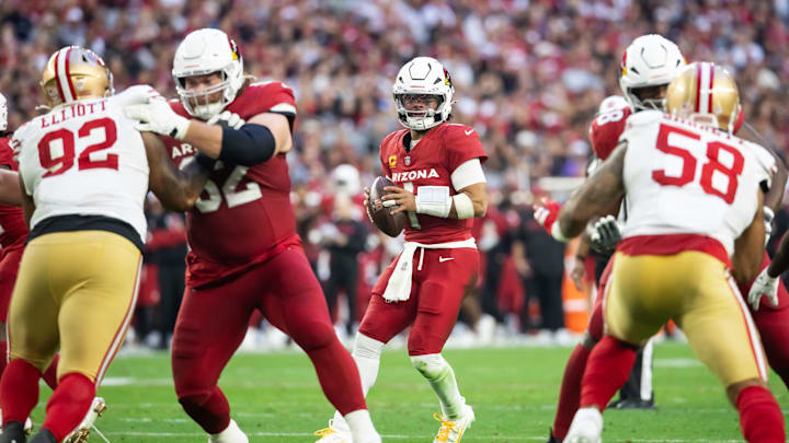 Jan 5, 2025; Glendale, Arizona, USA; Arizona Cardinals quarterback Kyler Murray (1) against the San Francisco 49ers in the first half at State Farm Stadium. Mandatory Credit: Mark J. Rebilas-Imagn Images