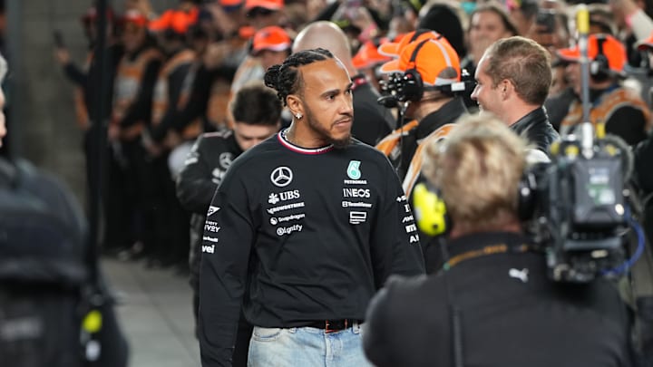 Nov 23, 2024; Las Vegas, Nevada, USA; Mercedes AMG Petronas F1 Team driver Lewis Hamilton of Great Britain (44) arrives for the Las Vegas Grand Prix drivers parade at the Las Vegas Circuit. Mandatory Credit: Lucas Peltier-Imagn Images