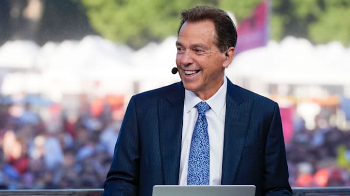 Oct. 4, 2025; Tuscaloosa, Alabama, USA; Former Alabama coach Nick Saban smiles as he is on set during ESPN’s College GameDay on location on the Quad at the University of Alabama before the Alabama versus Vanderbilt game.