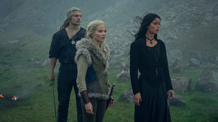 Ciri (Freya Allan), Geralt (Henry Cavill), and Yennefer (Anya Chalotra) in The Witcher season 3.