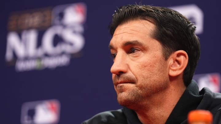 Arizona Diamondbacks general manager Mike Hazen speaks to the media ahead of their NLCS matchup against the Philadelphia Phillies at Citizens Bank Park in Philadelphia on Oct. 15, 2023.