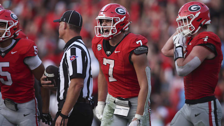 Oct 18, 2025; Athens, Georgia, USA; Georgia Bulldogs tight end Lawson Luckie (7) reacts against the Mississippi Rebels during the second half of the game at Sanford Stadium. Mandatory Credit: Brett Davis-Imagn Images Oct 18, 2025; Athens, Georgia, USA; Georgia Bulldogs tight end Lawson Luckie (7) reacts against the Mississippi Rebels during the second half of the game at Sanford Stadium. Mandatory Credit: Brett Davis-Imagn Images