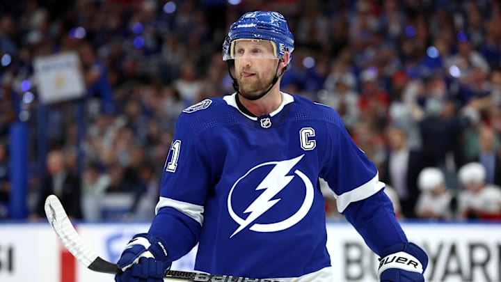 Apr 27, 2024; Tampa, Florida, USA; Tampa Bay Lightning center Steven Stamkos (91) looks on against the Florida Panthers during the third period in game four of the first round of the 2024 Stanley Cup Playoffs at Amalie Arena. Mandatory Credit: Kim Klement Neitzel-Imagn Images Apr 27, 2024; Tampa, Florida, USA; Tampa Bay Lightning center Steven Stamkos (91) looks on against the Florida Panthers during the third period in game four of the first round of the 2024 Stanley Cup Playoffs at Amalie Arena. Mandatory Credit: Kim Klement Neitzel-Imagn Images
