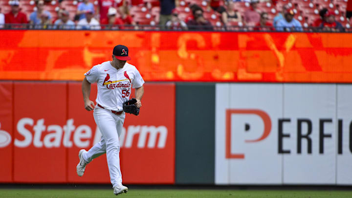 Sep 22, 2024; St. Louis, Missouri, USA;  St. Louis Cardinals relief pitcher Ryan Helsley (56) enters the game against the Cleveland Guardians during the ninth inning at Busch Stadium. Mandatory Credit: Jeff Curry-Imagn Images