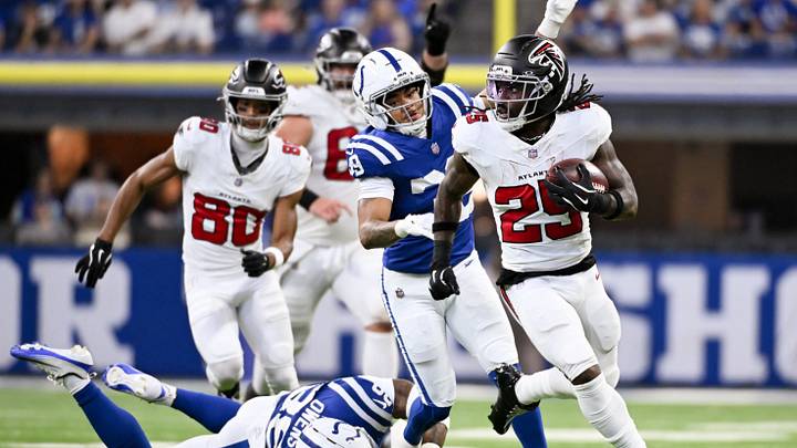 Aug 22, 2026; Indianapolis, Indiana, USA; Atlanta Falcons running back Tyler Goodson (25) runs for a touchdown against the Indianapolis Colts during the first half at Lucas Oil Stadium. Mandatory Credit: Robert Goddin-Imagn Images Aug 22, 2026; Indianapolis, Indiana, USA; Atlanta Falcons running back Tyler Goodson (25) runs for a touchdown against the Indianapolis Colts during the first half at Lucas Oil Stadium. Mandatory Credit: Robert Goddin-Imagn Images