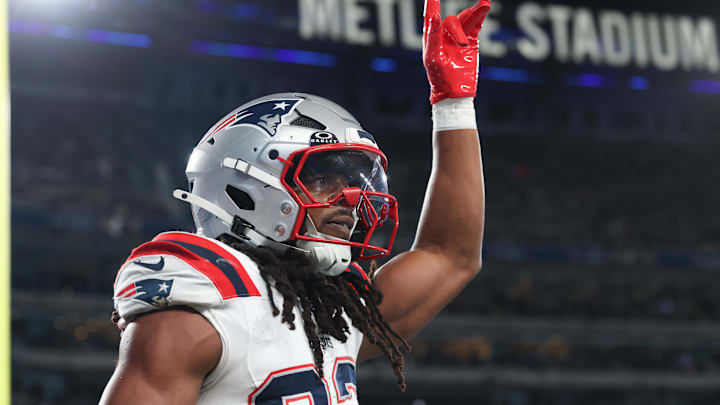 Aug 21, 2025; East Rutherford, New Jersey, USA; New England Patriots safety Kyle Dugger (23) reacts after intercepting a pass during the first half against the New York Giants at MetLife Stadium. Mandatory Credit: Vincent Carchietta-Imagn Images