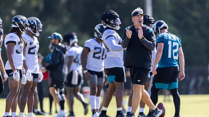 Jul 28, 2022; Jacksonville, FL, USA;  Jacksonville Jaguars head coach Doug Pederson directs training camp. 