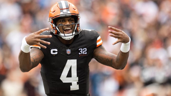 Sep 10, 2023; Cleveland, Ohio, USA; Cleveland Browns quarterback Deshaun Watson (4) celebrates his touchdown run against the Cincinnati Bengals during the second quarter at Cleveland Browns Stadium.