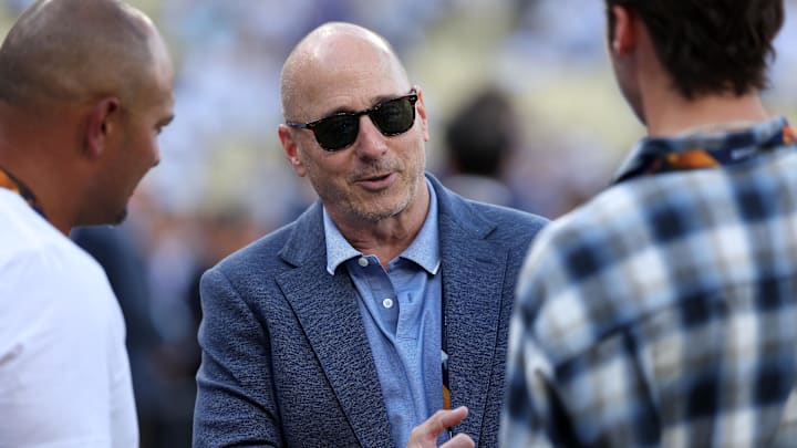 Oct 26, 2024; Los Angeles, California, USA; New York Yankees general manger Brian Cashman before game two of the 2024 MLB World Series at Dodger Stadium. Mandatory Credit: Kiyoshi Mio-Imagn Images