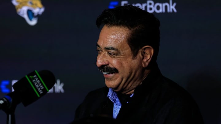 Jaguars owner Shad Khan laugs during a press conference Monday, Jan. 27, 2025 at the Miller Electric Center in Jacksonville, Fla. [Corey Perrine/Florida Times-Union]