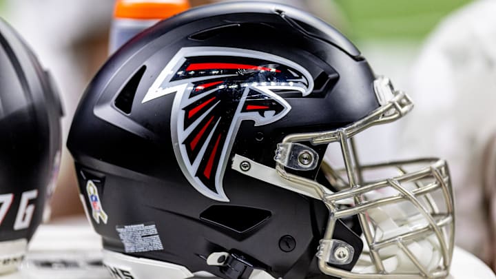 Nov 10, 2024; New Orleans, Louisiana, USA;   Detailed view of the Atlanta Falcons helmet against the New Orleans Saints during the second half at Caesars Superdome. Mandatory Credit: Stephen Lew-Imagn Images