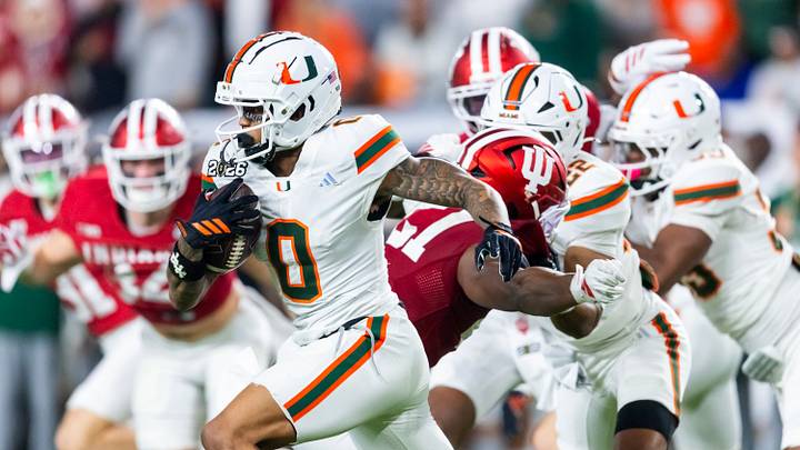 Jan 19, 2026; Miami Gardens, FL, USA; Miami Hurricanes wide receiver Malachi Toney (10) against the Indiana Hoosiers during the College Football Playoff National Championship game at Hard Rock Stadium. Mandatory Credit: Mark J. Rebilas-Imagn Images