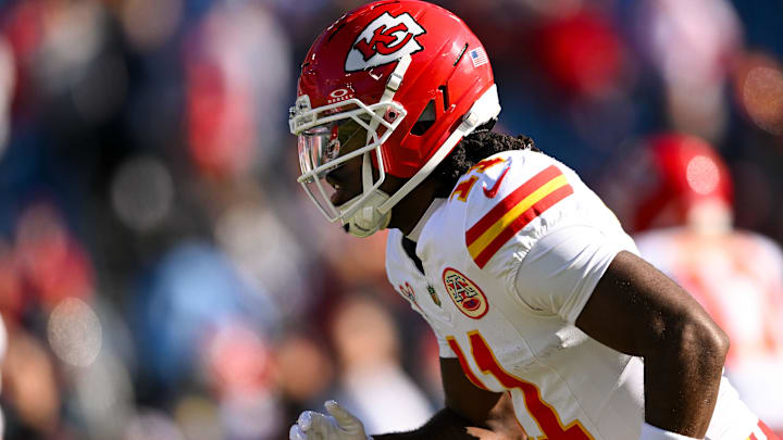 Dec 21, 2025; Nashville, Tennessee, USA; Kansas City Chiefs wide receiver Jalen Royals (11) against the Tennessee Titans during pre-game warmups at Nissan Stadium. Dec 21, 2025; Nashville, Tennessee, USA; Kansas City Chiefs wide receiver Jalen Royals (11) against the Tennessee Titans during pre-game warmups at Nissan Stadium.